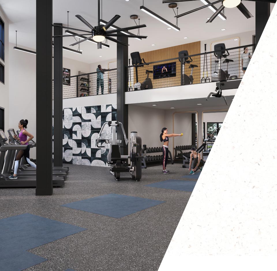 2 story community fitness center at Rye Heights new apartments in Houston Heights, TX