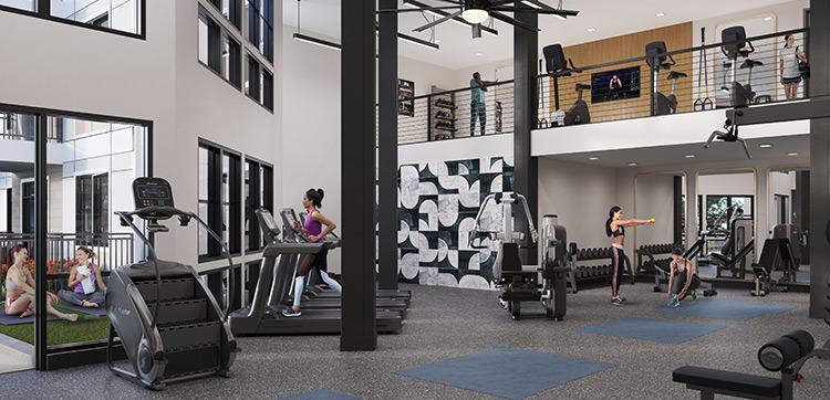 2 story community fitness center at Rye Heights new apartments in Houston Heights, TX