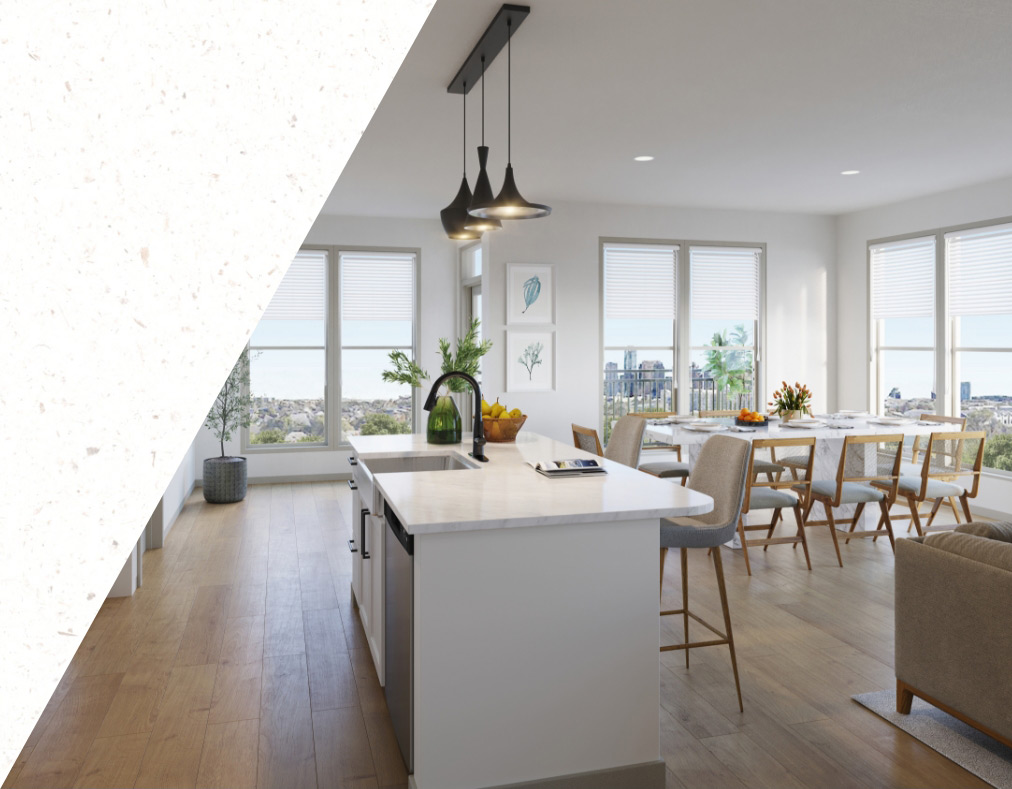 Bright spacious kitchen with island and dining area at Rye Heights luxury apartments in Houston Heights, TX