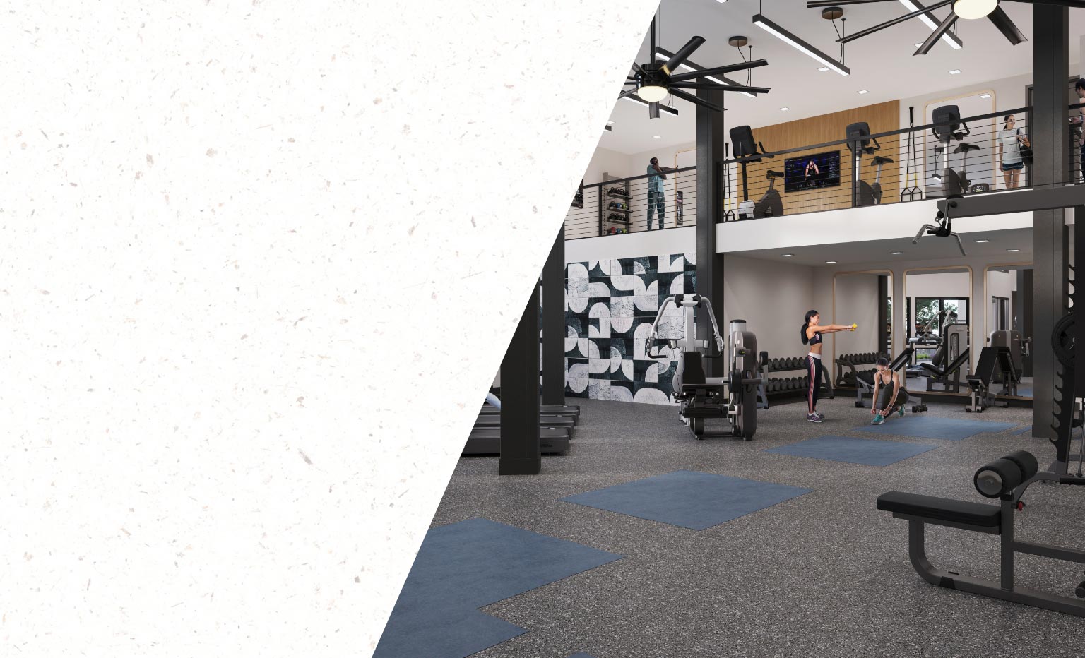 2 story community fitness center at Rye Heights new apartments in Houston Heights, TX
