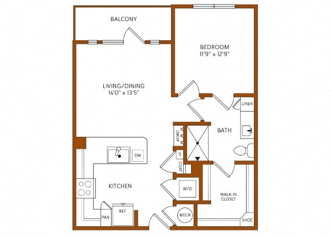 Rendering of the A4 floor plan with 1 bedroom[s] and 1 bathroom[s] at 