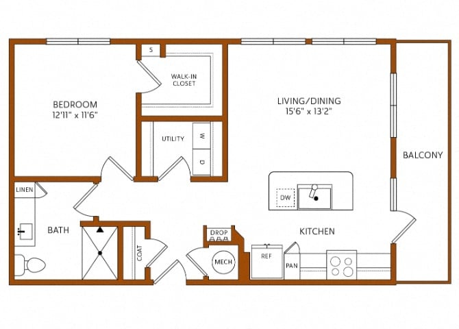 Rendering of the A11 floor plan with 1 bedroom[s] and 1 bathroom[s] at 