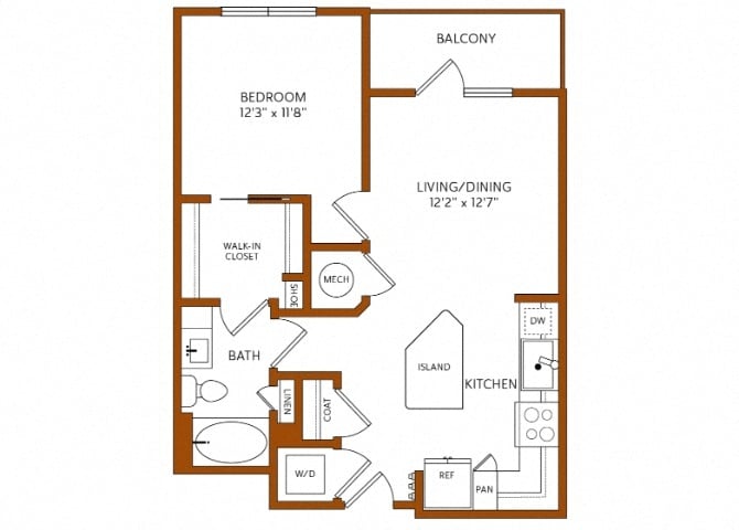 Rendering of the A9 floor plan with 1 bedroom[s] and 1 bathroom[s] at 