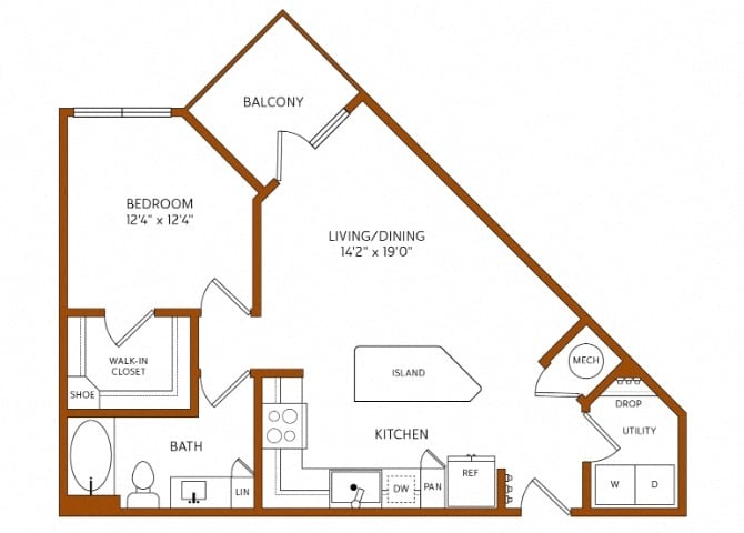Rendering of the A2 floor plan with 1 bedroom[s] and 1 bathroom[s] at 