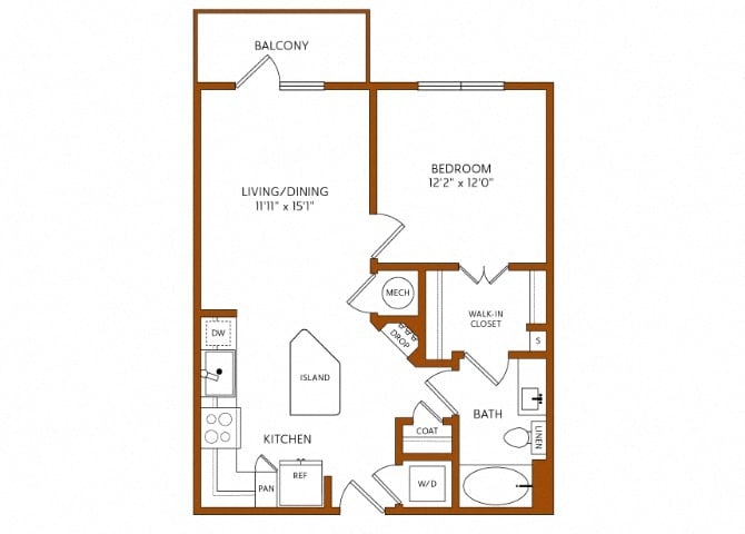 Rendering of the A3 floor plan with 1 bedroom[s] and 1 bathroom[s] at 